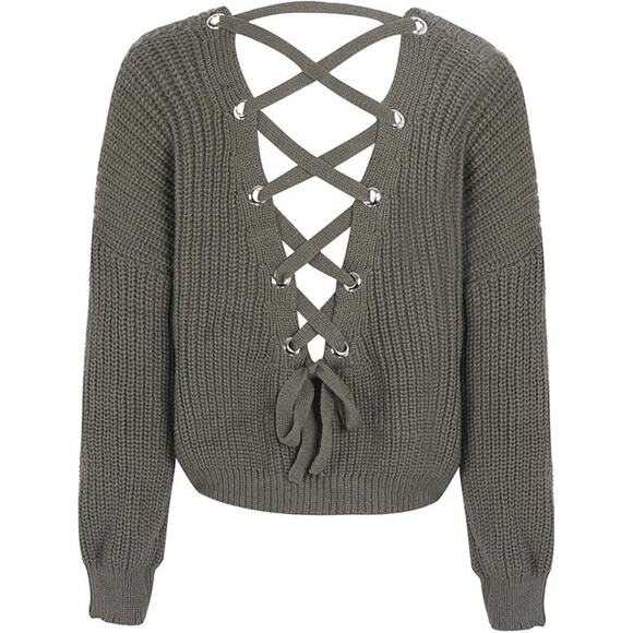 Oversized Lace Up Knit Pullover Sweater - Picture 6 of 10